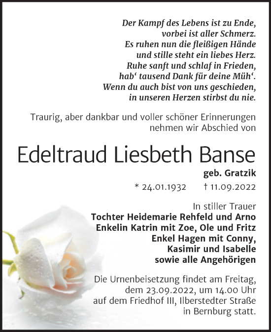 Traueranzeige von Edeltraud Liesbeth Banse von Trauerkombi Bernburg