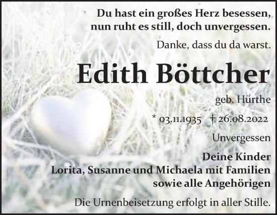 Traueranzeige von Edith Böttcher von Wochenspiegel Bitterfeld