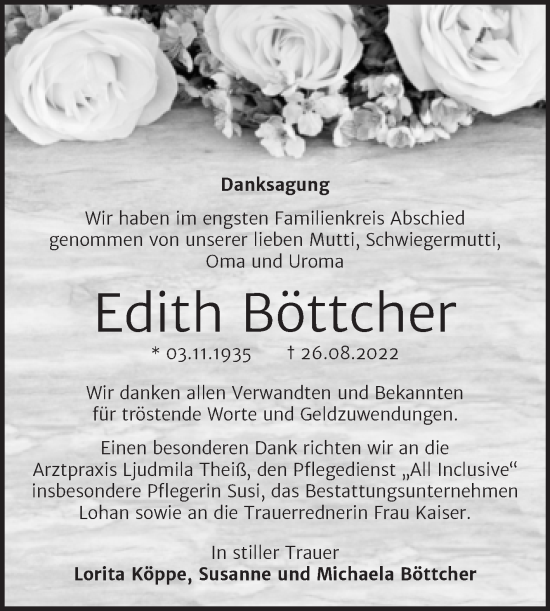 Traueranzeige von Edith Böttcher von Trauerkombi Bitterfeld