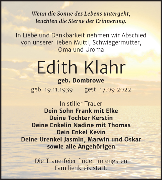 Traueranzeige von Edith Klahr von Trauerkombi Wittenberg