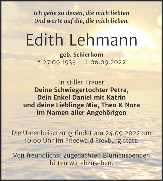 Traueranzeige von Edith Lehmann von Trauerkombi Merseburg