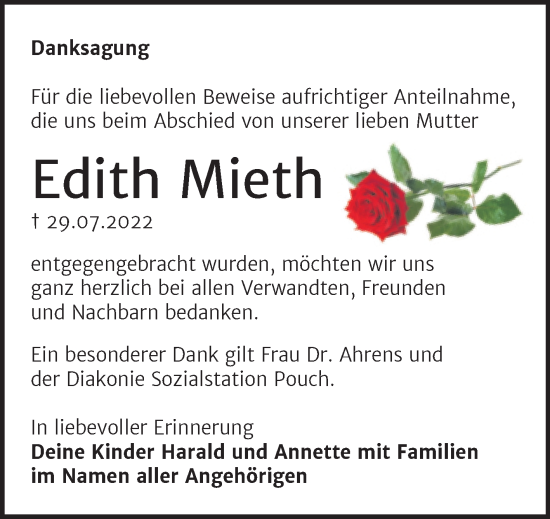 Traueranzeige von Edith Mieth von Trauerkombi Bitterfeld