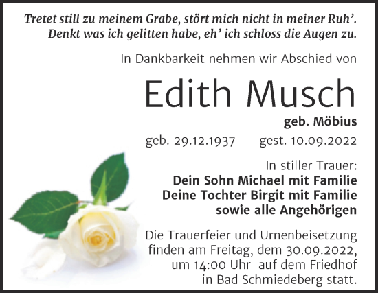 Traueranzeige von Edith Musch von Trauerkombi Wittenberg