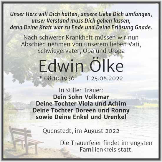 Traueranzeige von Edwin Ölke von Trauerkombi Mansfelder Land