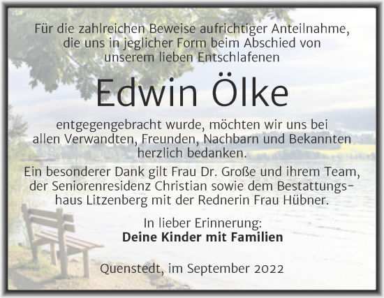 Traueranzeige von Edwin Ölke von Trauerkombi Mansfelder Land