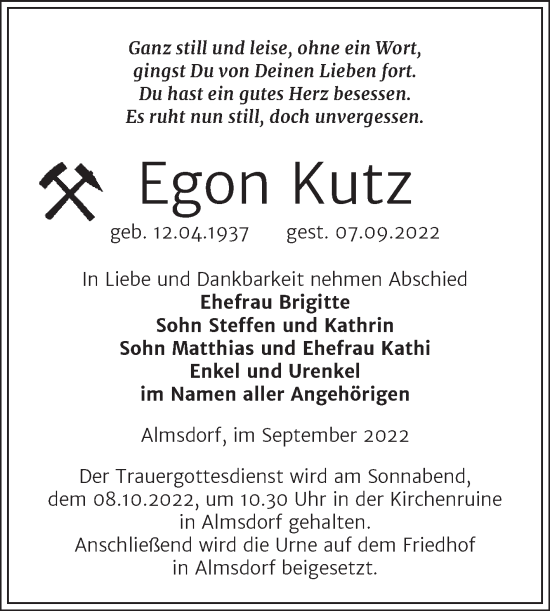 Traueranzeige von Egon Kutz von Trauerkombi Merseburg