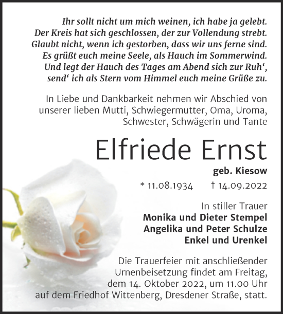 Traueranzeige von Elfriede Ernst von Trauerkombi Wittenberg