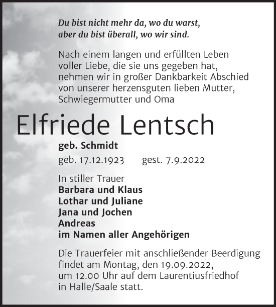 Traueranzeige von Elfriede Lentsch von Mitteldeutsche Zeitung Halle/Saalkreis