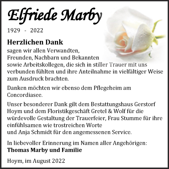 Traueranzeige von Elfriede Marby von Trauerkombi Aschersleben
