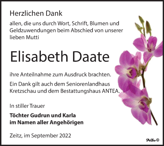 Traueranzeige von Elisabeth Daate von Trauerkombi Zeitz
