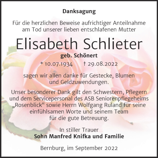 Traueranzeige von Elisabeth Schlieter von Trauerkombi Bernburg