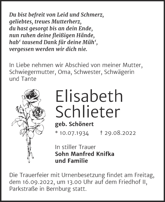 Traueranzeige von Elisabeth Schlieter von Trauerkombi Bernburg