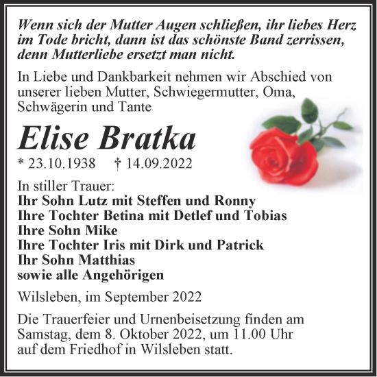 Traueranzeige von Elise Bratka von Trauerkombi Aschersleben
