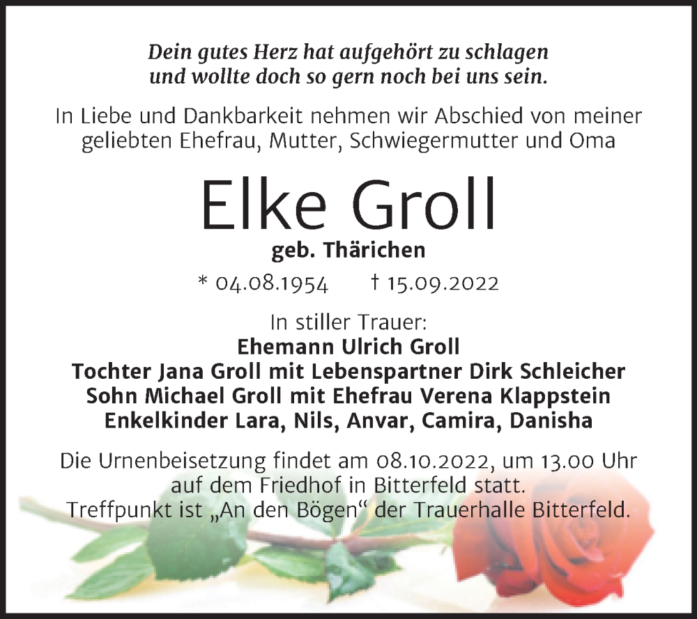  Traueranzeige für Elke Groll vom 24.09.2022 aus Trauerkombi Bitterfeld