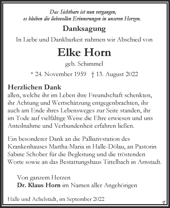 Traueranzeige von Elke Horn von Mitteldeutsche Zeitung Halle/Saalkreis