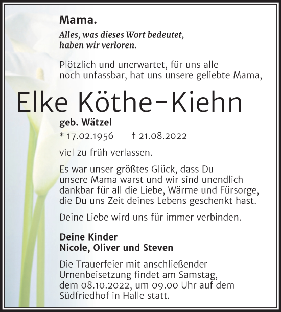 Traueranzeige von Elke Köthe-Kiehn von Mitteldeutsche Zeitung Halle/Saalkreis