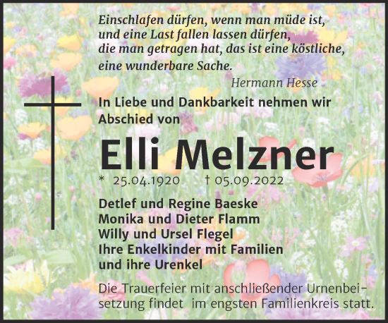 Traueranzeige von Elli Melzner von Trauerkombi Quedlinburg