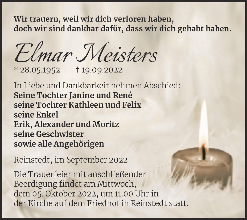  Traueranzeige für Elmar Meisters vom 24.09.2022 aus Trauerkombi Quedlinburg