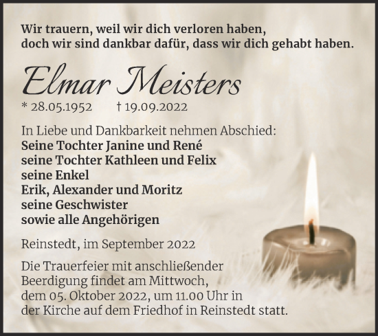 Traueranzeige von Elmar Meisters von Trauerkombi Quedlinburg