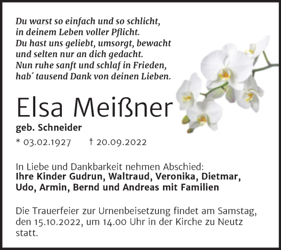 Traueranzeige von Elsa Meißner von Mitteldeutsche Zeitung Halle/Saalkreis