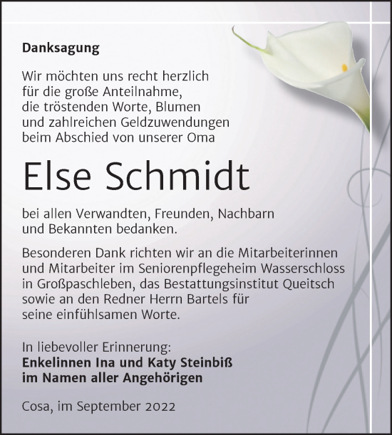 Traueranzeige von Else Schmidt von Trauerkombi Köthen