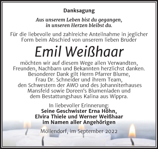 Traueranzeige von Emil Weißhaar von Trauerkombi Mansfelder Land