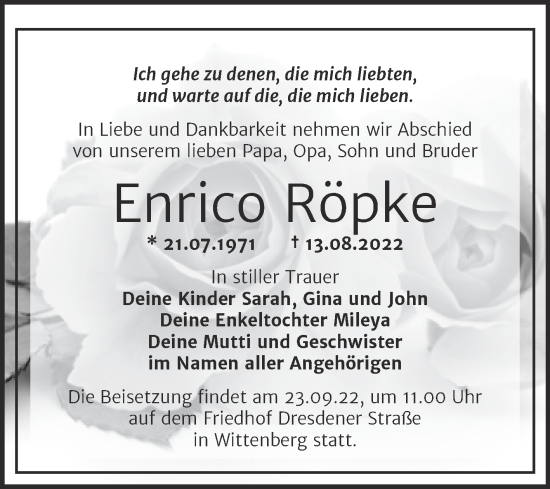 Traueranzeige von Enrico Röpke von Trauerkombi Wittenberg