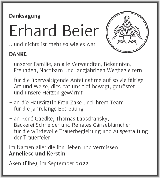 Traueranzeige von Erhard Beier von Trauerkombi Köthen