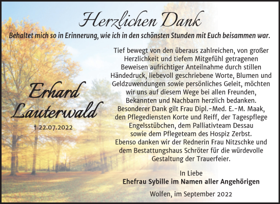 Traueranzeige von Erhard Lauterwald von Trauerkombi Bitterfeld