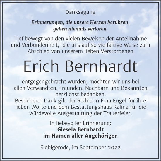Traueranzeige von Erich Bernhardt von Trauerkombi Mansfelder Land