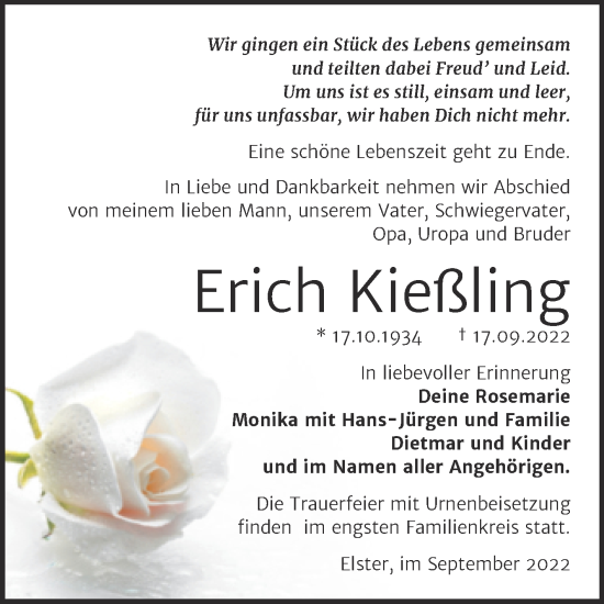 Traueranzeige von Erich Kießling von Trauerkombi Wittenberg