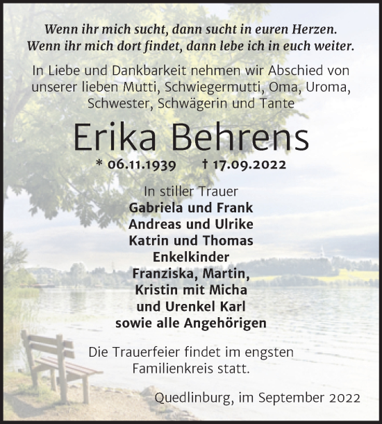Traueranzeige von Erika Behrens von Trauerkombi Quedlinburg