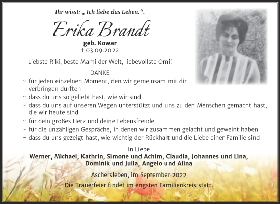 Traueranzeige von Erika Brandt von Trauerkombi Aschersleben