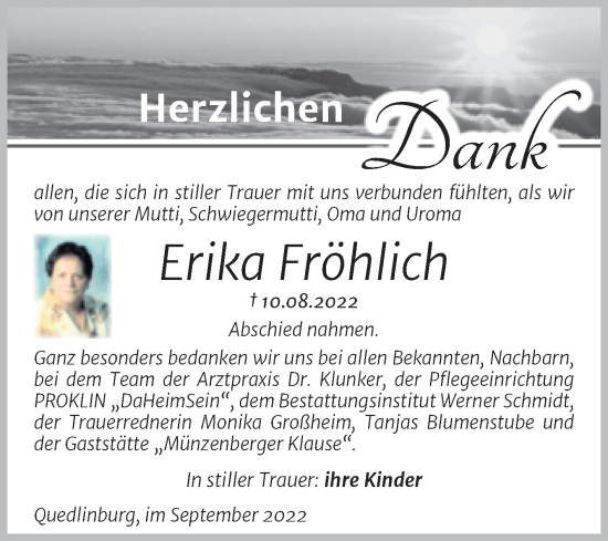 Traueranzeige von Erika Fröhlich von Trauerkombi Quedlinburg