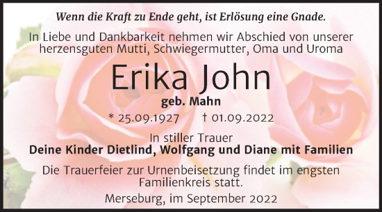 Traueranzeige von Erika John von Trauerkombi Merseburg