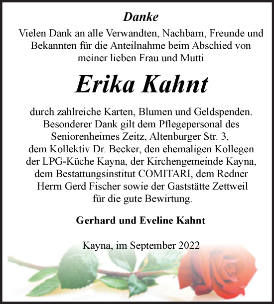 Traueranzeige von Erika Kahnt von Trauerkombi Zeitz