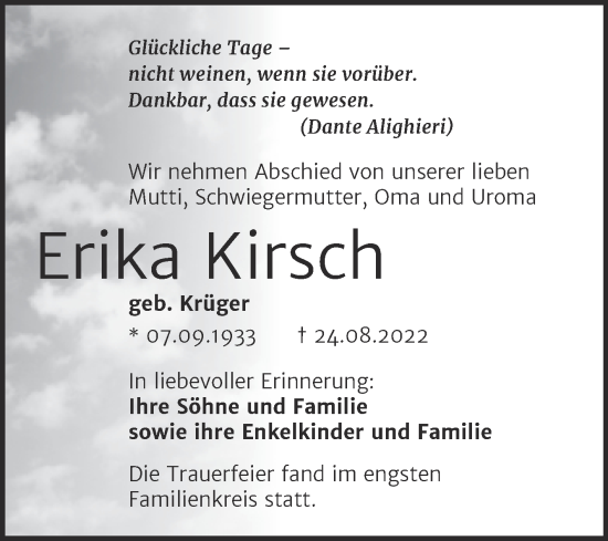 Traueranzeige von Erika Kirsch von Trauerkombi Aschersleben