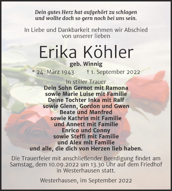 Traueranzeige von Erika Köhler von Mitteldeutsche Zeitung Quedlingburg