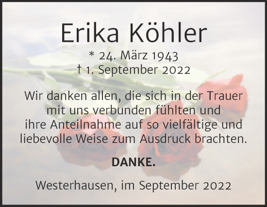 Traueranzeige von Erika Köhler von Trauerkombi Quedlinburg