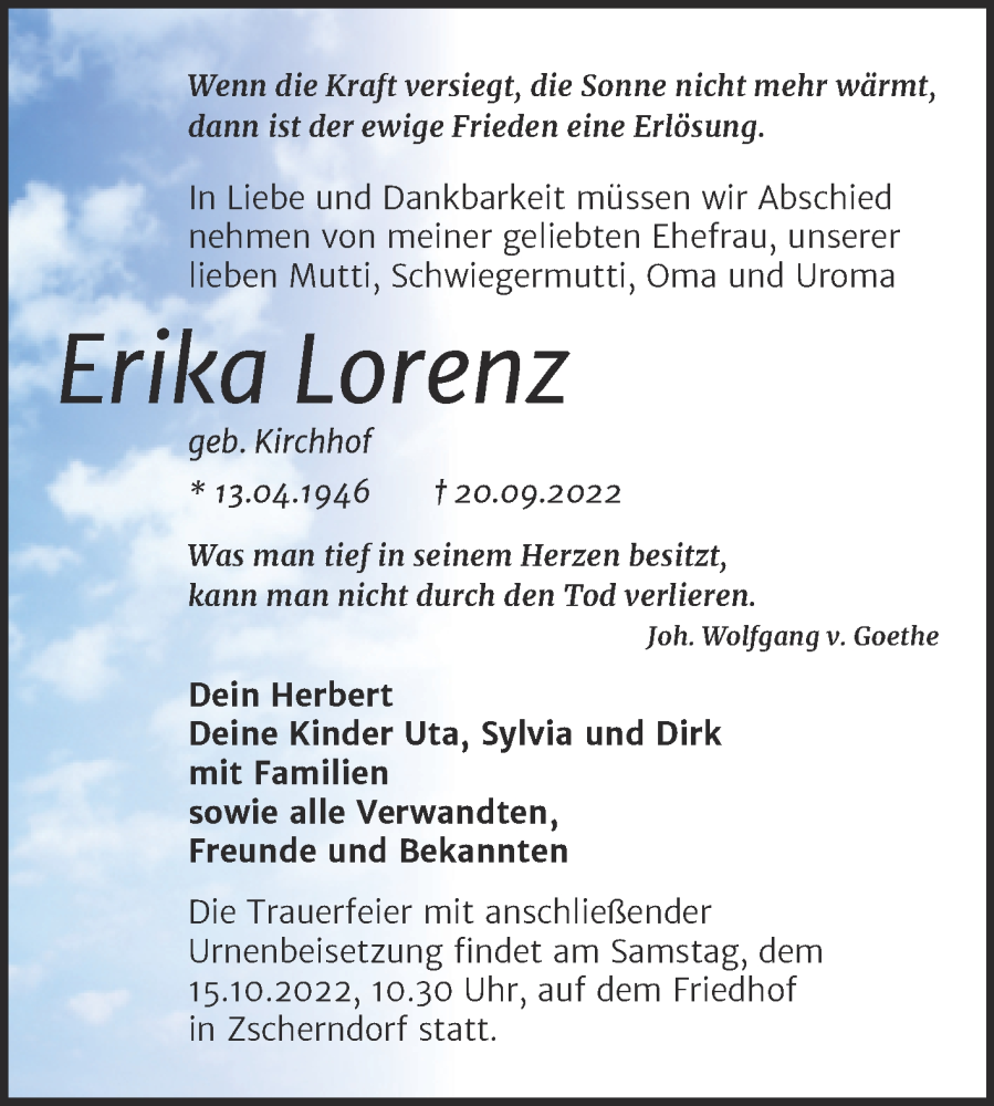  Traueranzeige für Erika Lorenz vom 24.09.2022 aus Trauerkombi Bitterfeld
