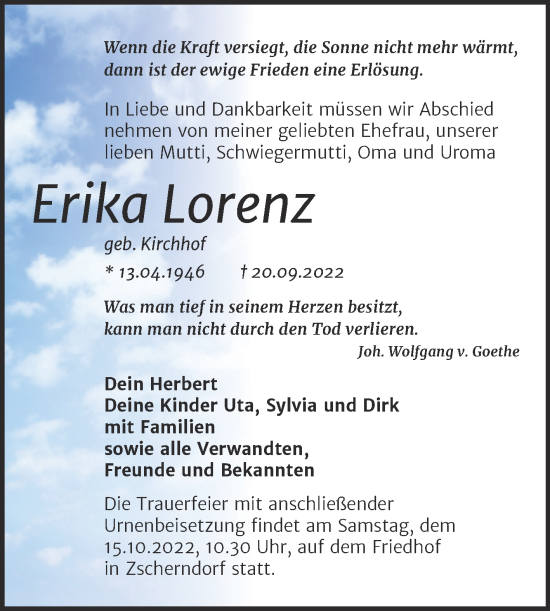Traueranzeige von Erika Lorenz von Trauerkombi Bitterfeld