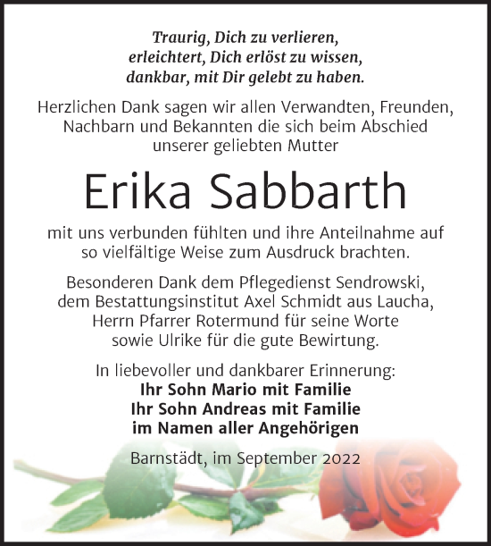 Traueranzeige von Erika Sabbarth von Trauerkombi Merseburg