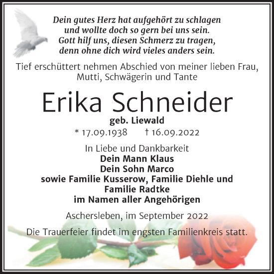 Traueranzeige von Erika Schneider von Trauerkombi Aschersleben