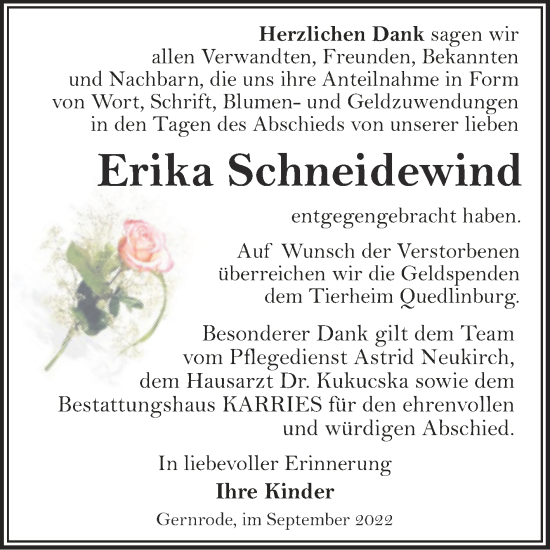 Traueranzeige von Erika Schneidewind von Trauerkombi Quedlinburg
