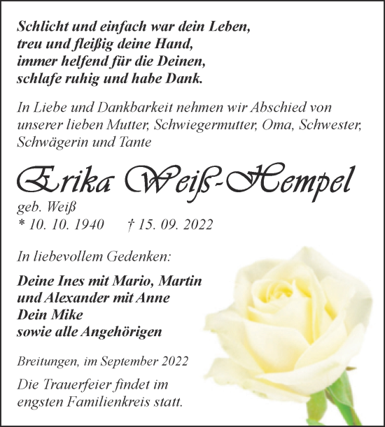 Traueranzeige von Erika Weiß-Hempel von Trauerkombi Sangerhausen