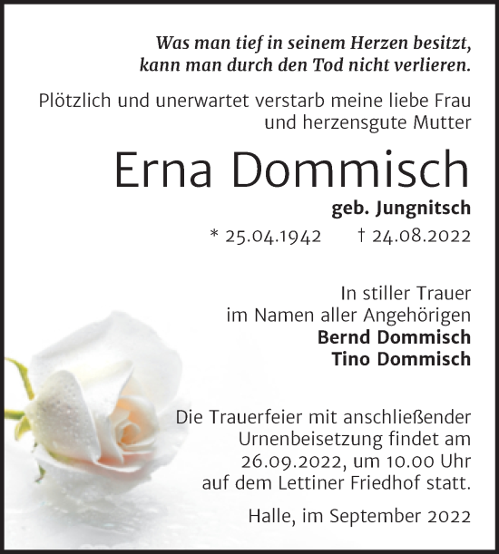 Traueranzeige von Erna Dommisch von Mitteldeutsche Zeitung Halle/Saalkreis