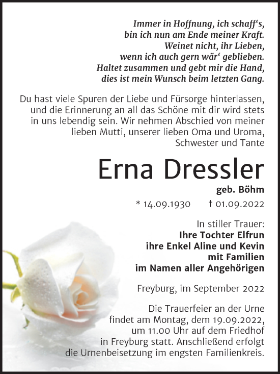 Traueranzeige von Erna Dressler von Wochenspiegel Naumburg/Nebra