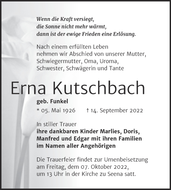 Traueranzeige von Erna Kutschbach von Wochenspiegel Naumburg/Nebra
