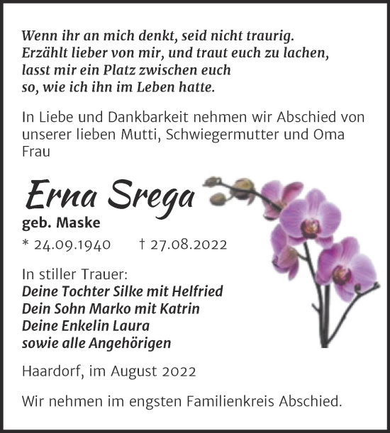 Traueranzeige von Erna Srega von Trauerkombi Zeitz