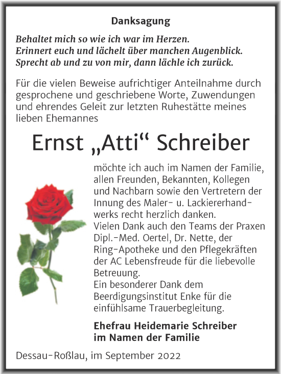 Traueranzeige von Ernst Schreiber von Trauerkombi Dessau